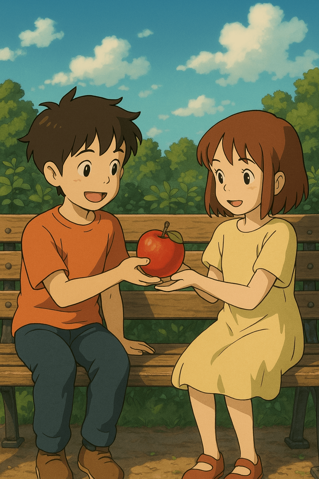 Una escena estilo Ghibli mostrando el intercambio de una manzana en un banco del parque