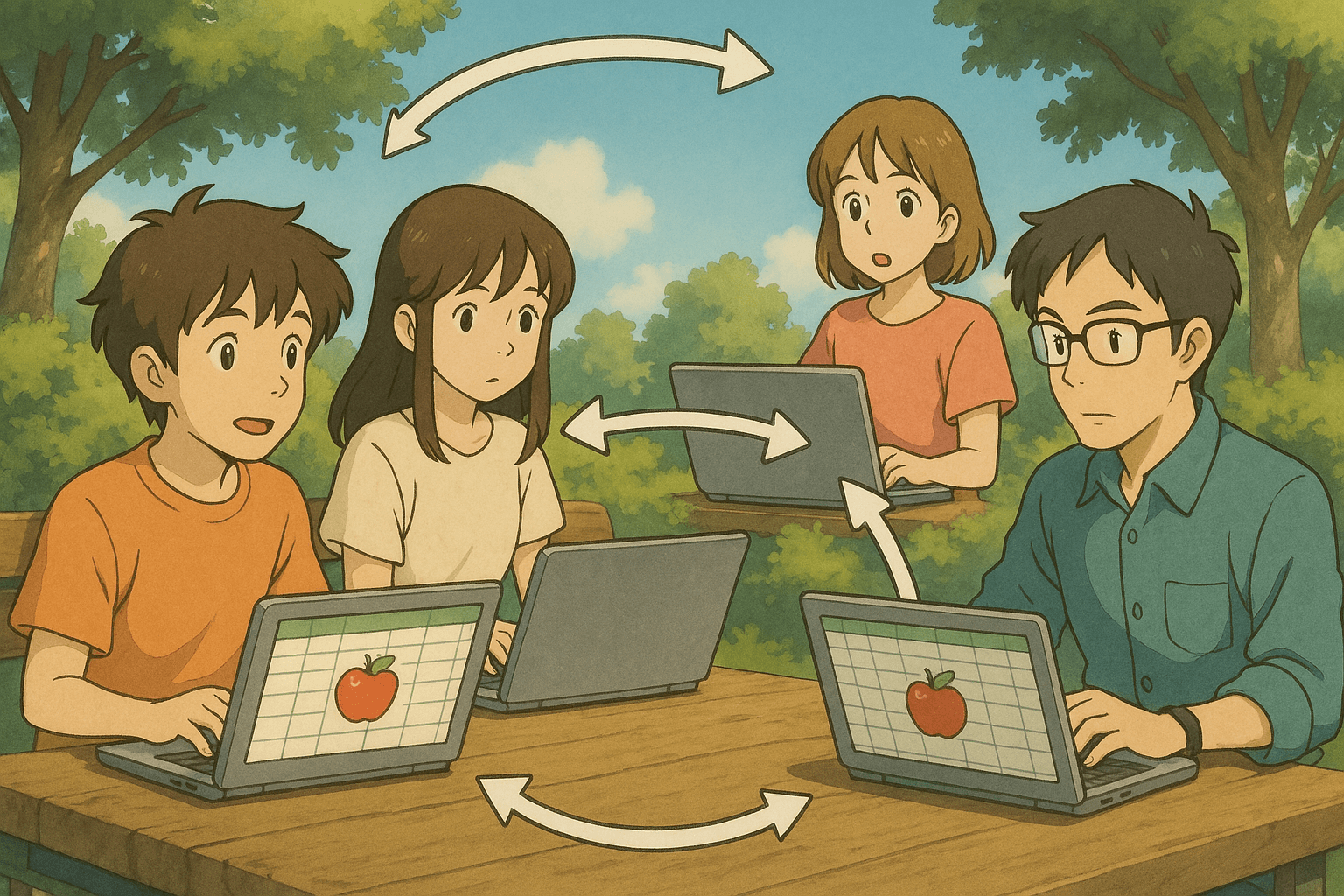 Una visualización estilo Ghibli de un archivo Excel con manzanas digitales